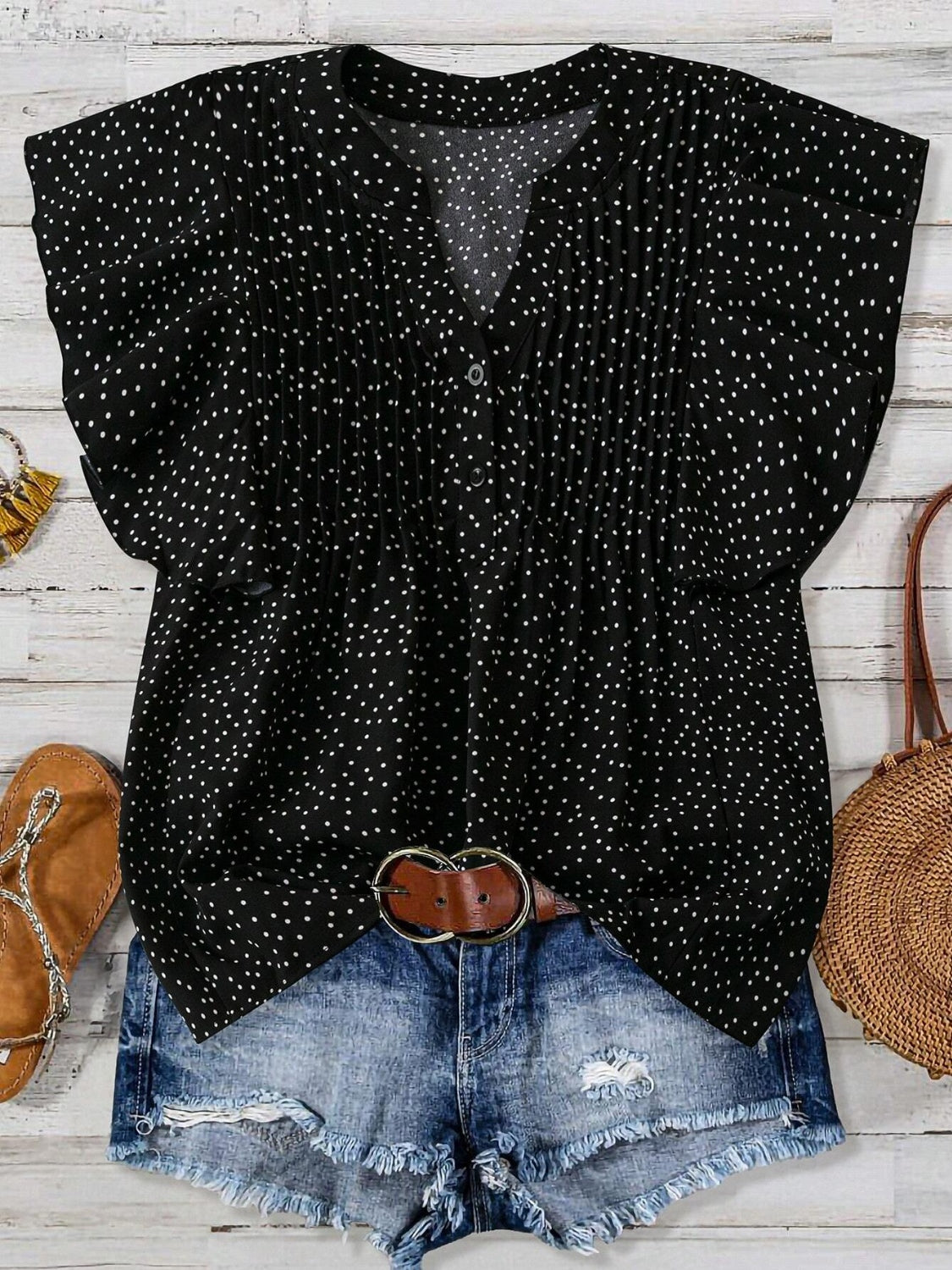 Polka Dot Notched Ruffled Cap Sleeve Blouse - Smart Shopper