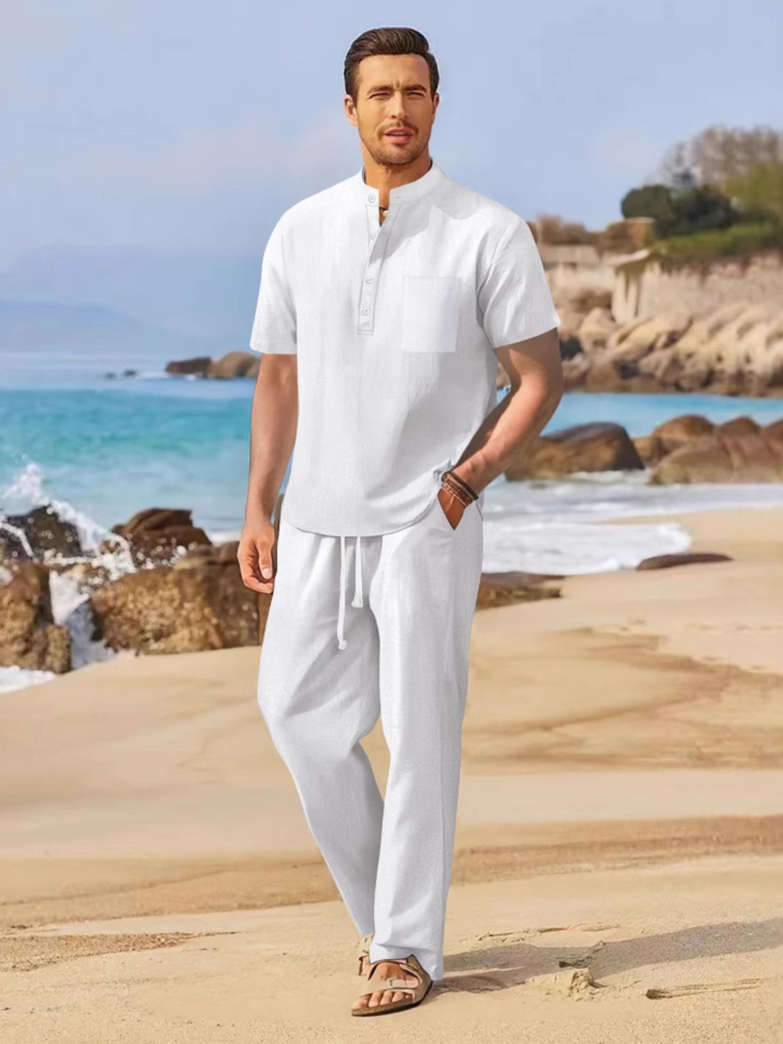 Men's Full Size Half Button Top and Drawstring Pants Set Plus Size - Smart Shopper