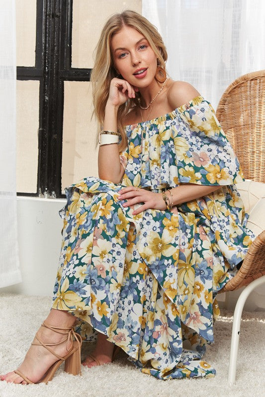 ADORA Layered Floral Off-Shoulder Short Sleeve Maxi Dress - Smart Shopper