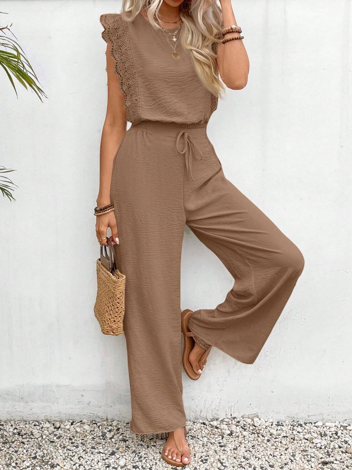 Lace Trim Round Neck Top and Pants Set - Smart Shopper