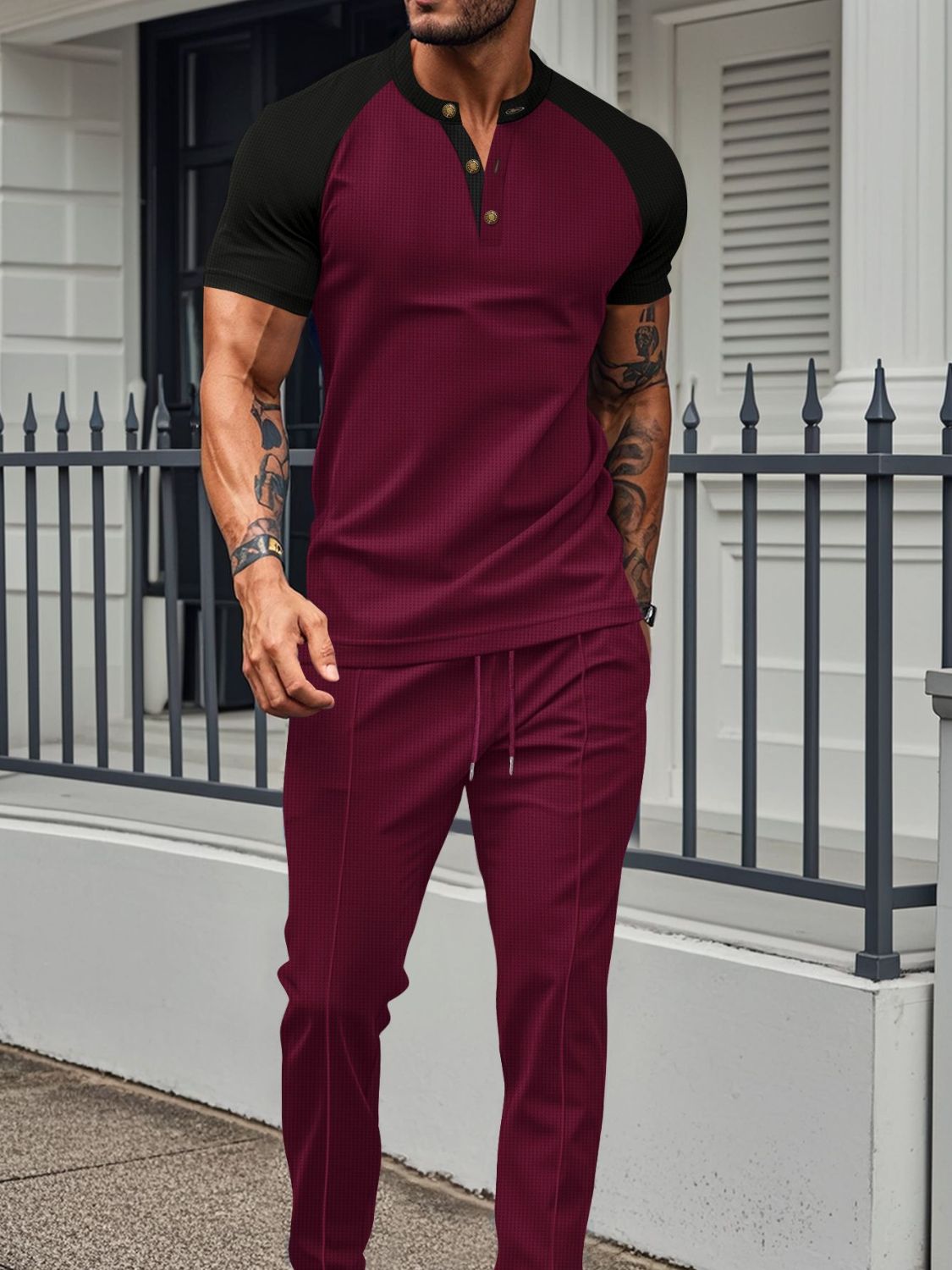 Men's Full Size Waffle-Knit Contrast Top and Drawstring Pants Set Plus Size - Smart Shopper