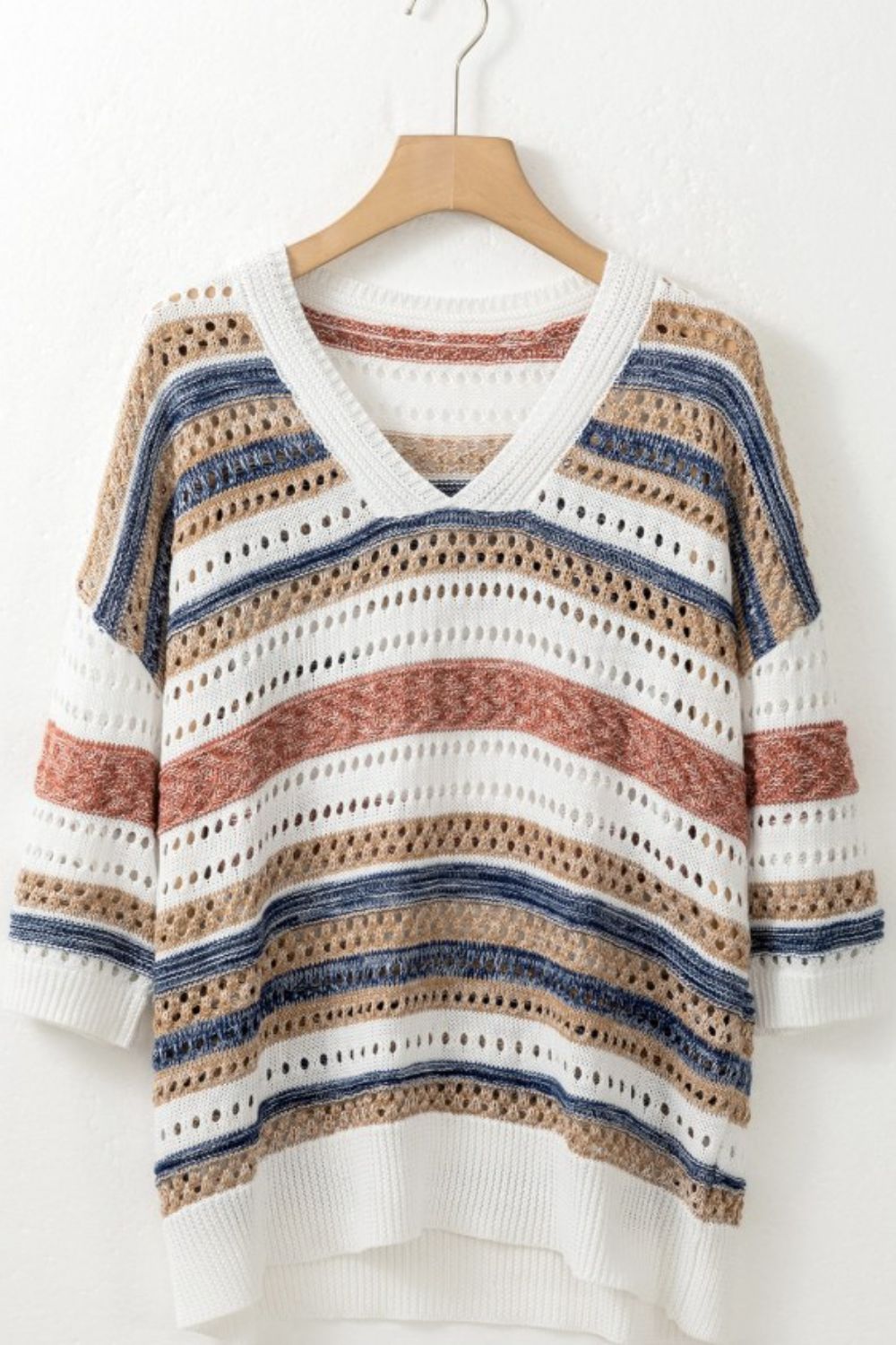 Striped Hollow Out Half Sleeve Knit Top - Smart Shopper