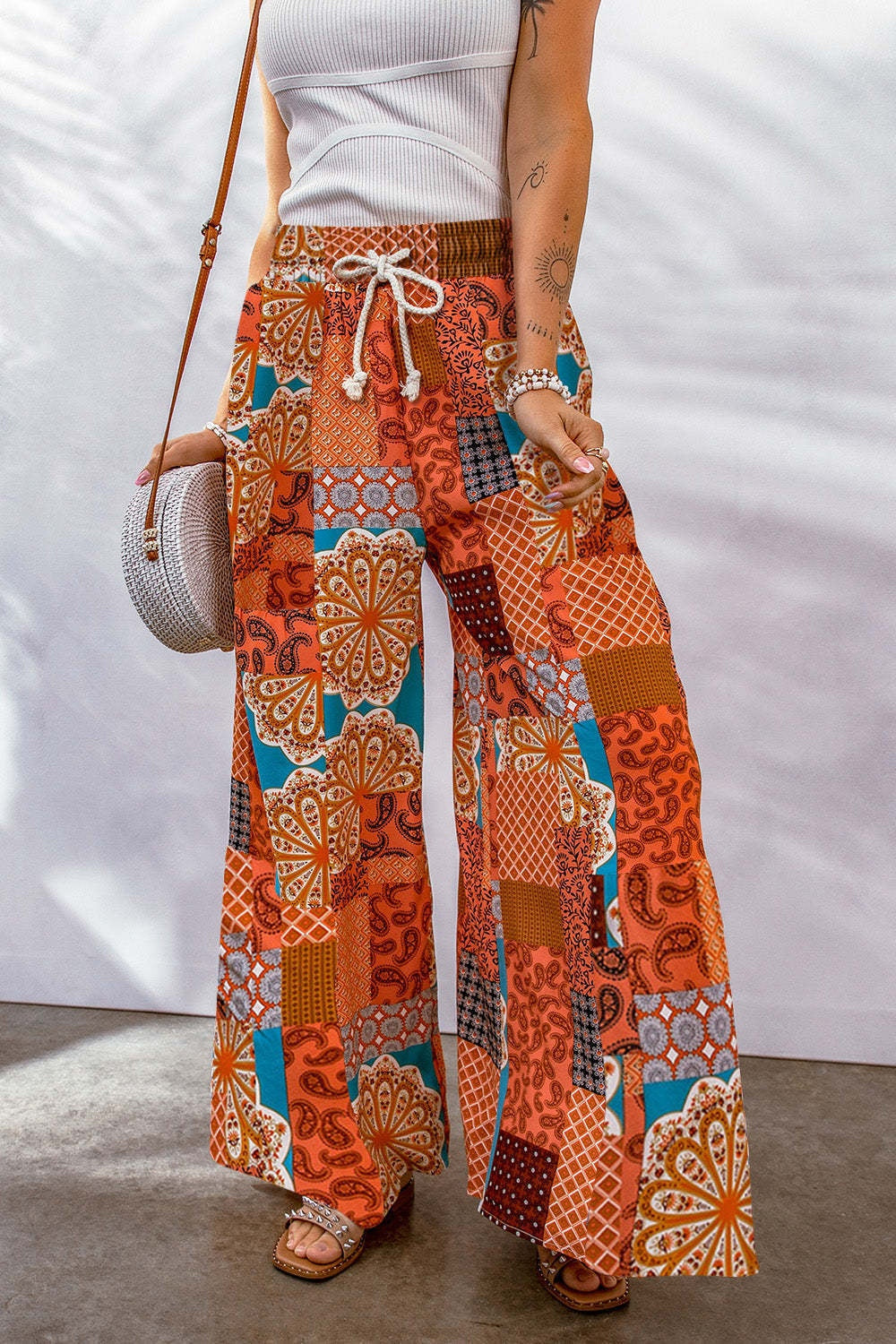 Full Size Drawstring Printed Wide Leg Pants - Smart Shopper