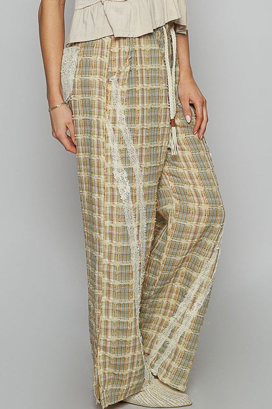 POL Lace Trim Drawstring Checkered Wide Leg Pants - Smart Shopper