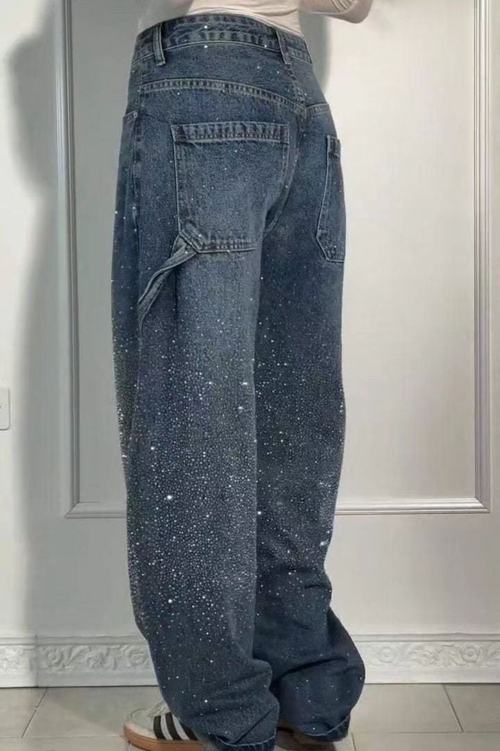 Full Size Washed Rhinestone Detail Wide leg Jeans Plus Size - Smart Shopper