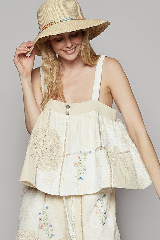 POL Embroidered Crochet Lace Patch Square Neck Cami - Smart Shopper