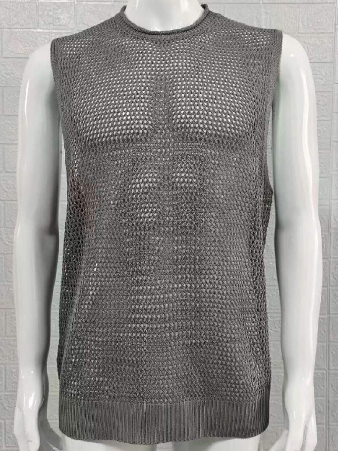 Men's Openwork Round Neck Sleeveless Knit Top - Smart Shopper