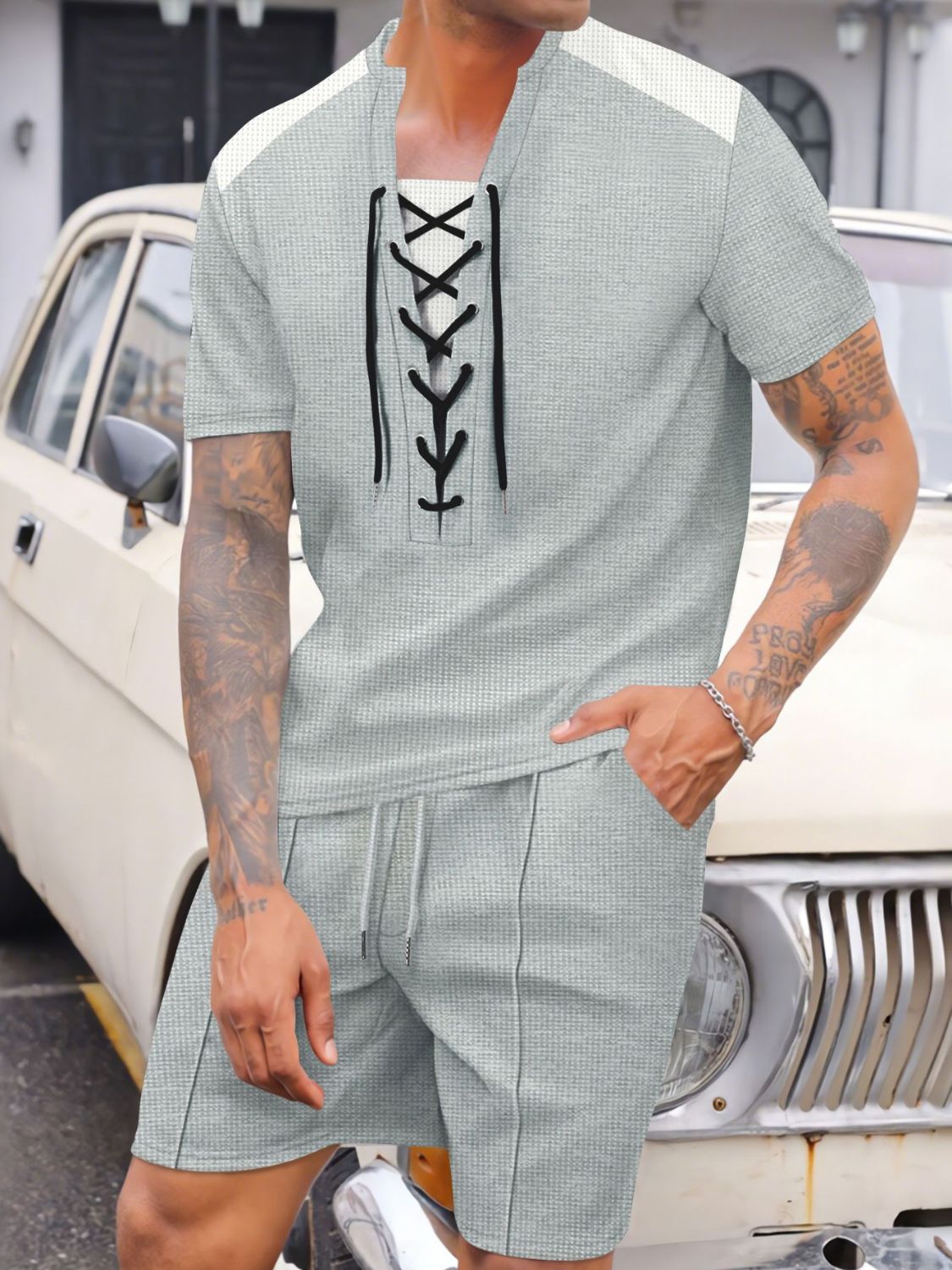 Men's Full Size Lace-Up Waffle Knit Top and Shorts Set Plus Size - Smart Shopper