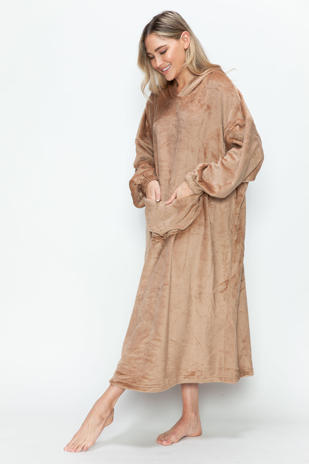 Double Take Full Size Pocketed Hooded Midi Lounge Dress - Smart Shopper