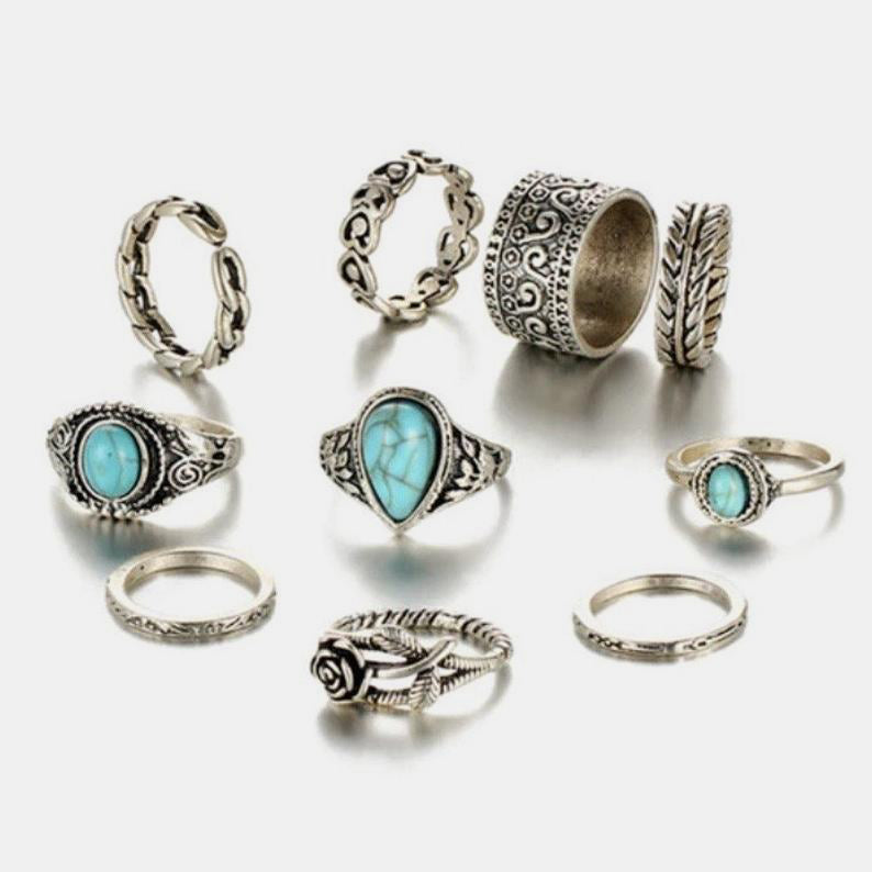 Artificial Turquoise Alloy Ring 10-Piece Set - Smart Shopper