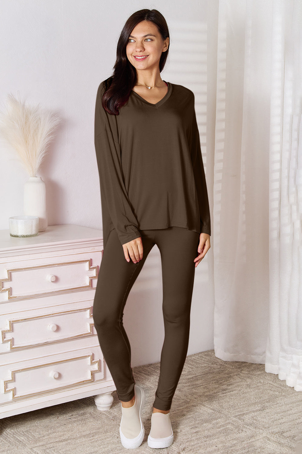 Basic Bae Bamboo Full Size V-Neck Long Sleeve Top and Pants Lounge Set - Smart Shopper