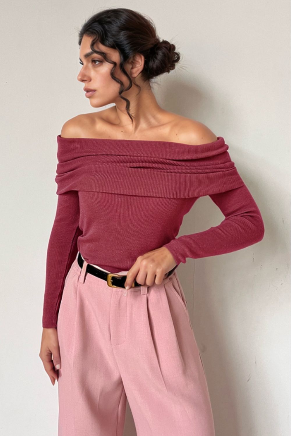 Off-Shoulder Long Sleeve Knit Top - Smart Shopper