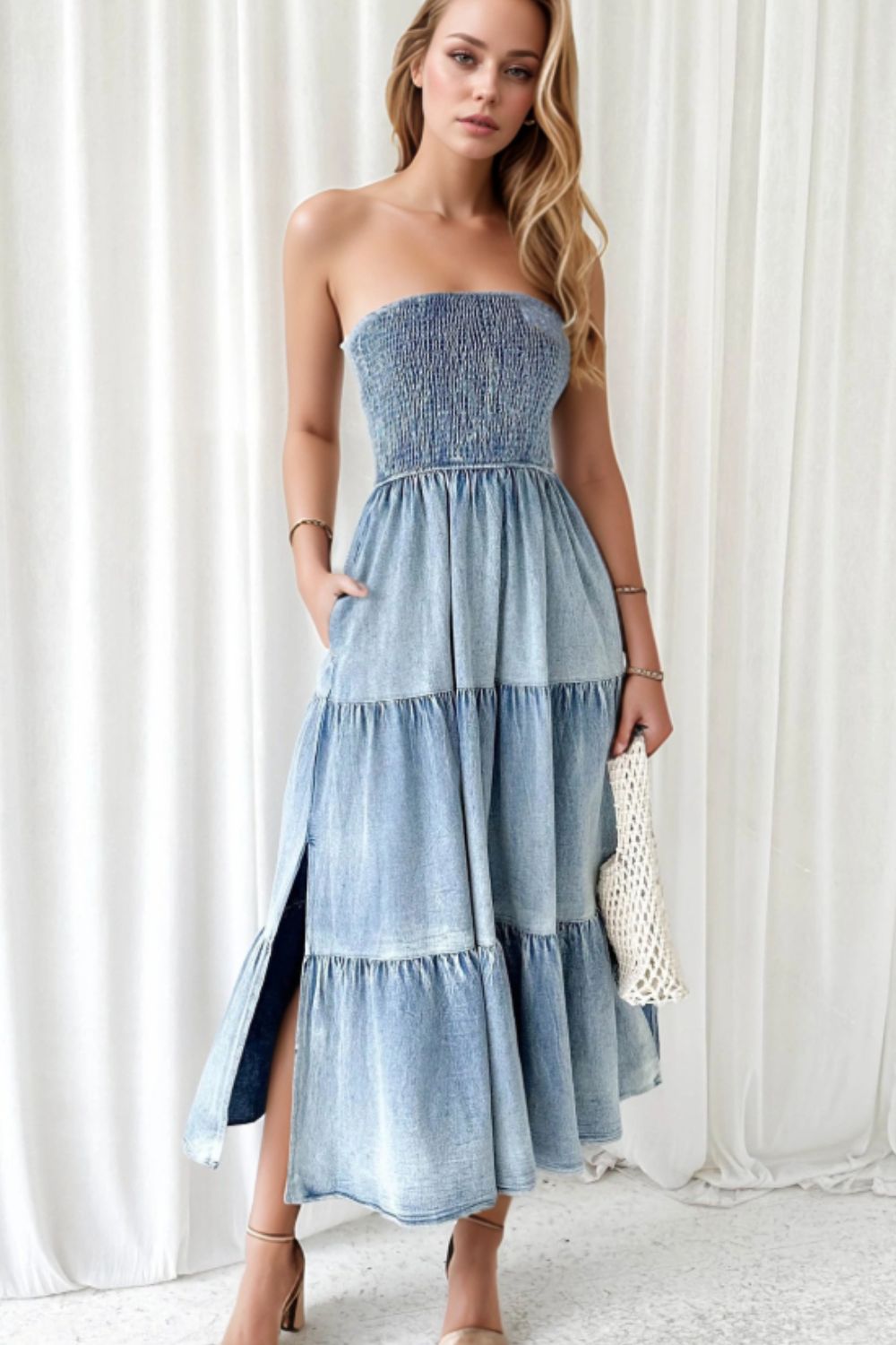 Smocked Tube Slit Tiered Denim Dress - Smart Shopper