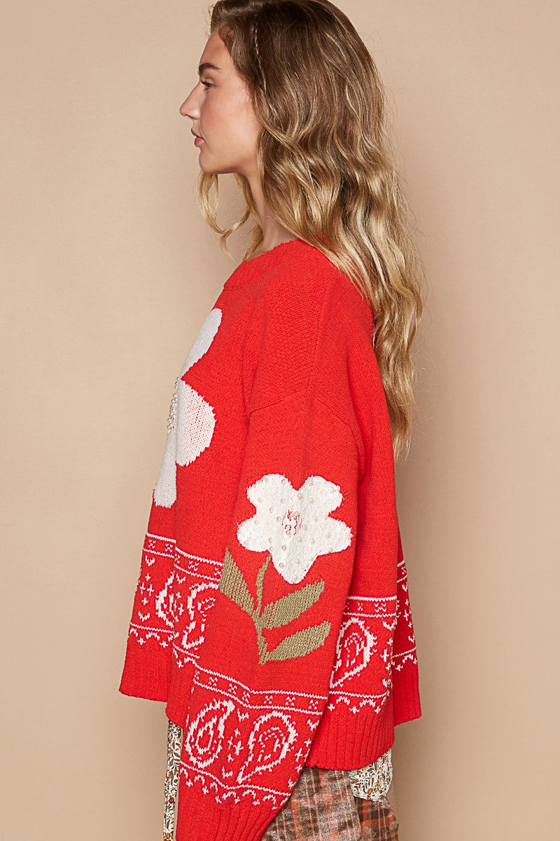 POL Flower Lace Patch Long Sleeve Sweater - Smart Shopper