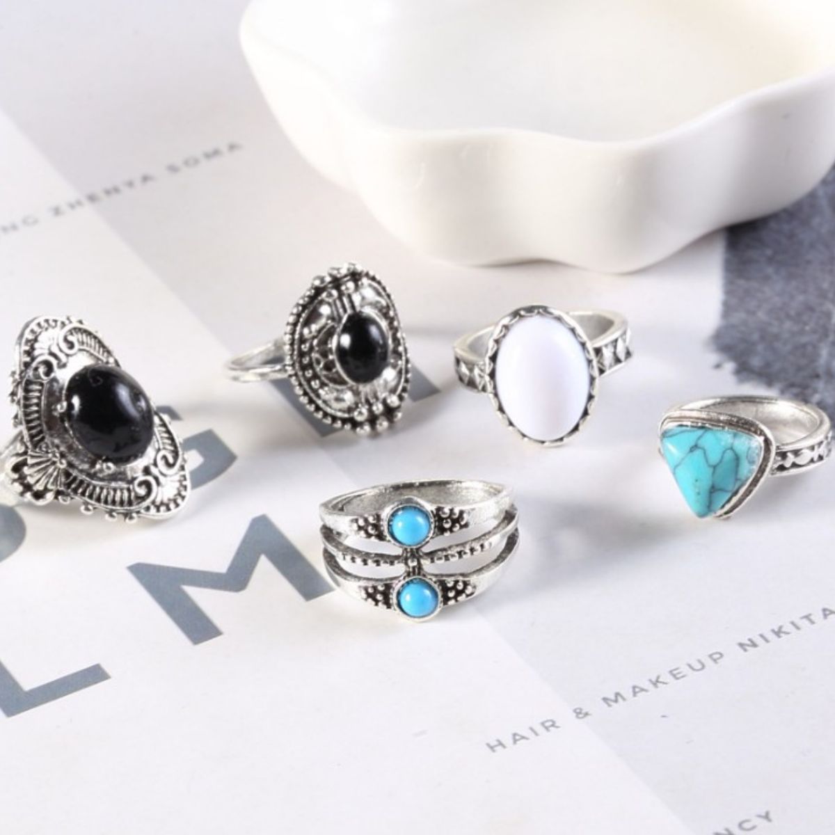 Alloy Turquoise 5-Piece Ring Set - Smart Shopper