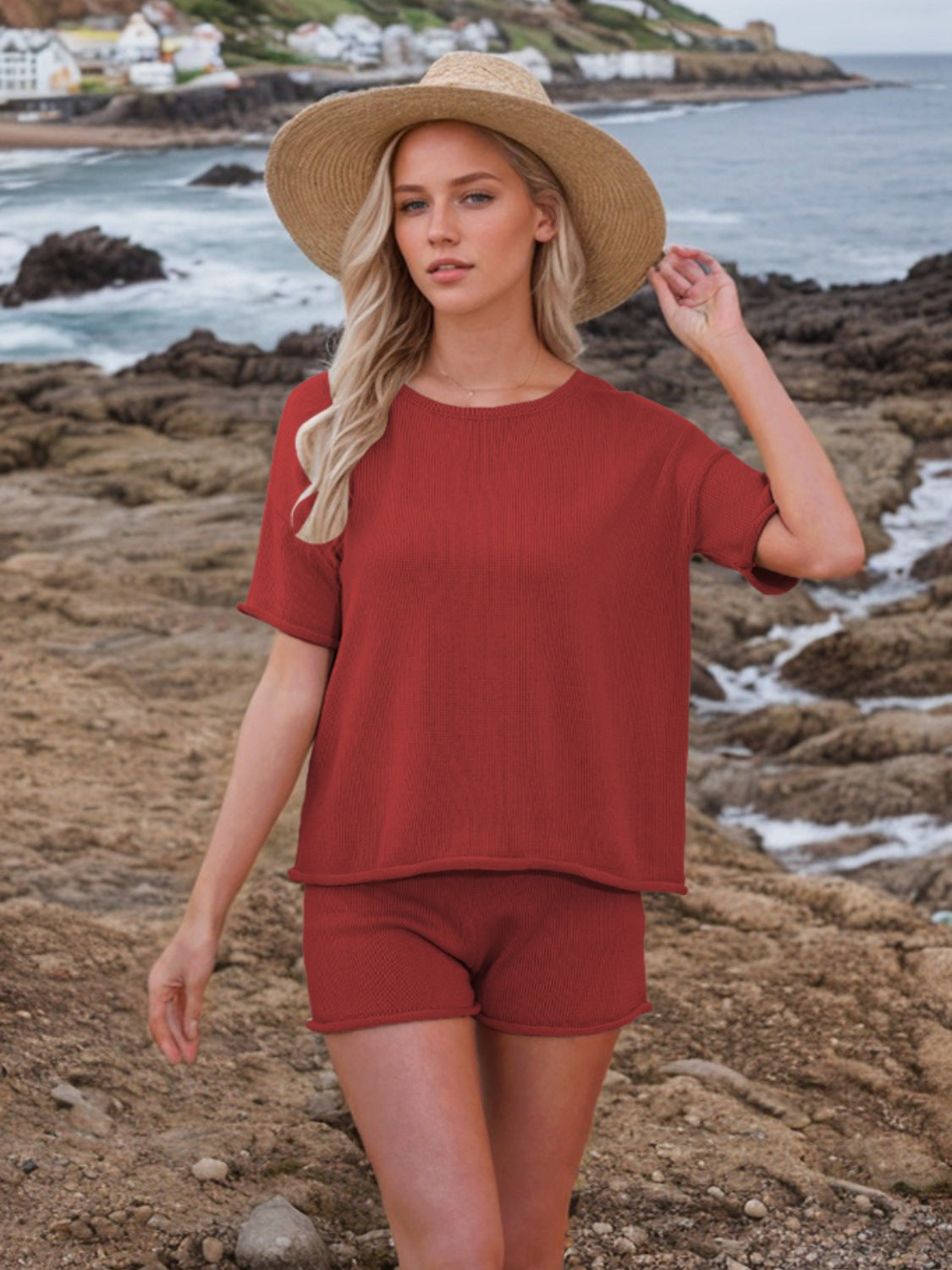 Round Neck Short Sleeve Top and Shorts Sweater Set - Smart Shopper