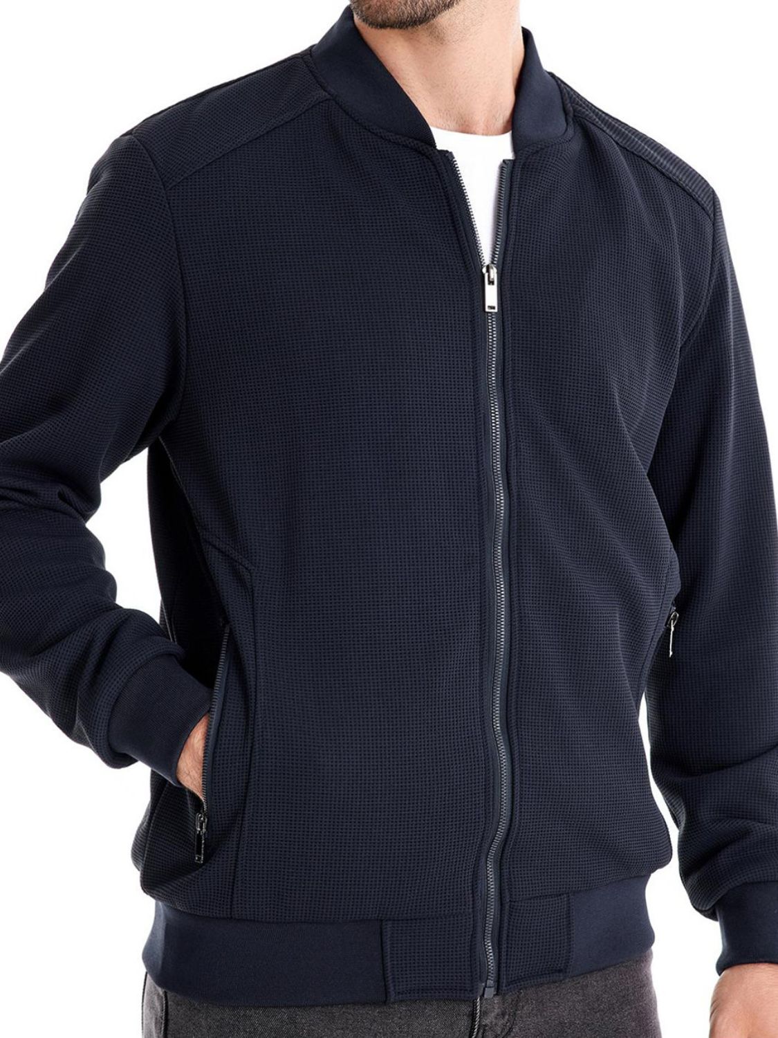 Men's Waffle Knit Baseball Collar Zip Up Jacket - Smart Shopper