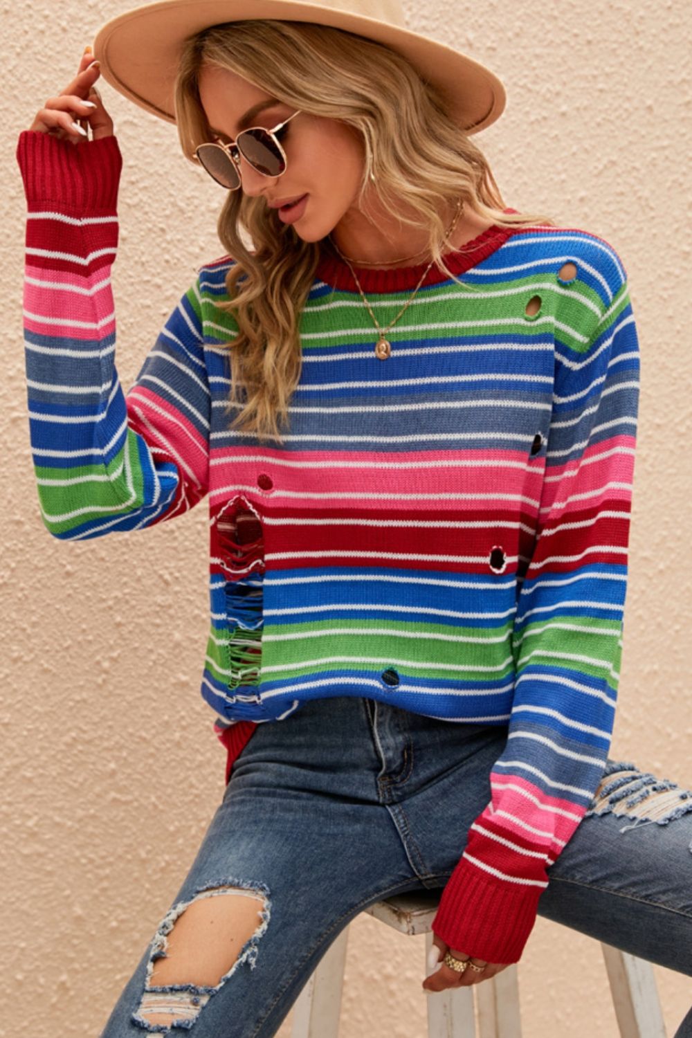 Striped Distressed Cutout Round Neck Sweater - Smart Shopper