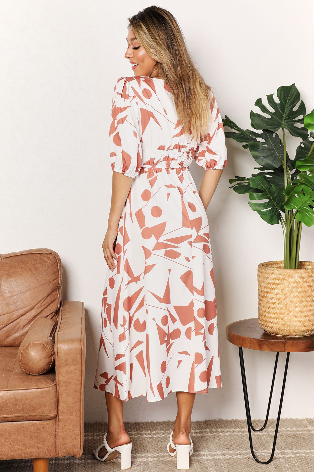 Printed Surplice Balloon Sleeve Dress - Smart Shopper