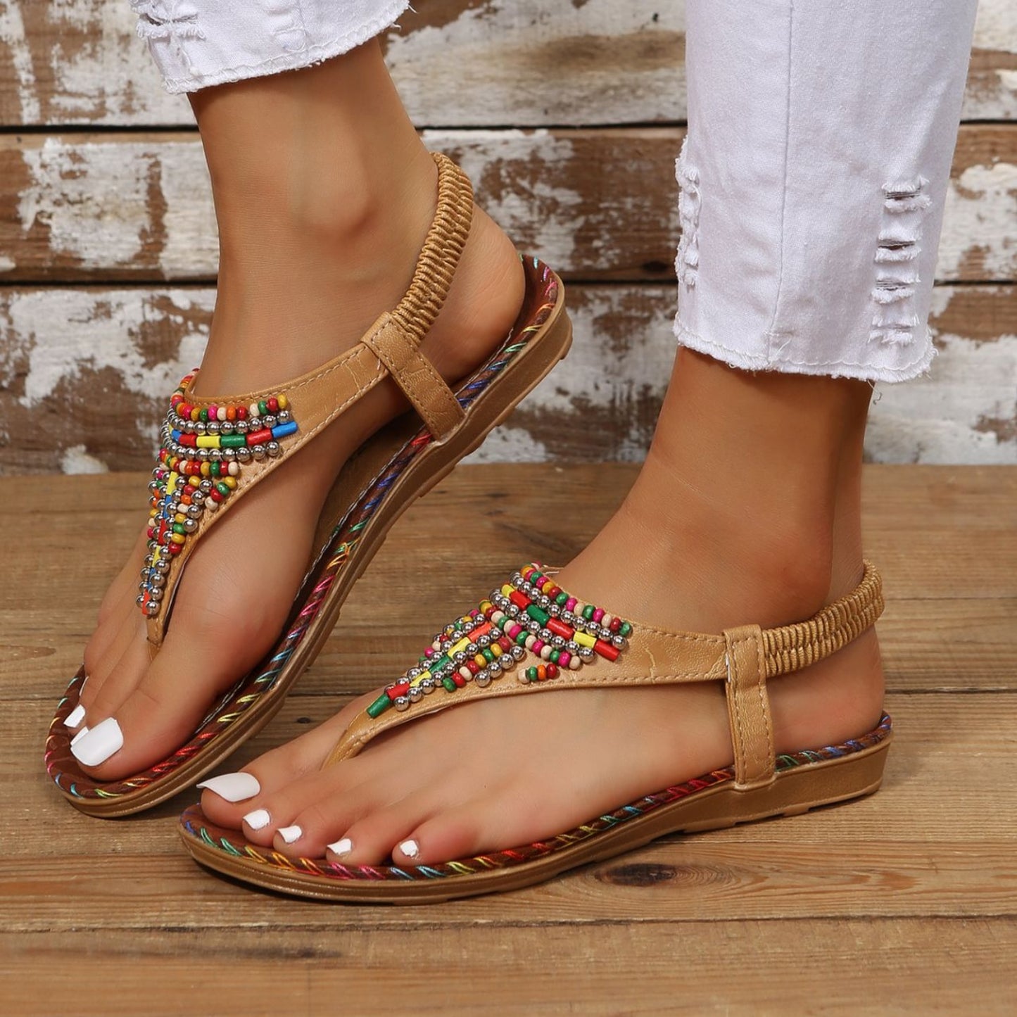 Beaded PU Leather Open Toe Sandals - Smart Shopper