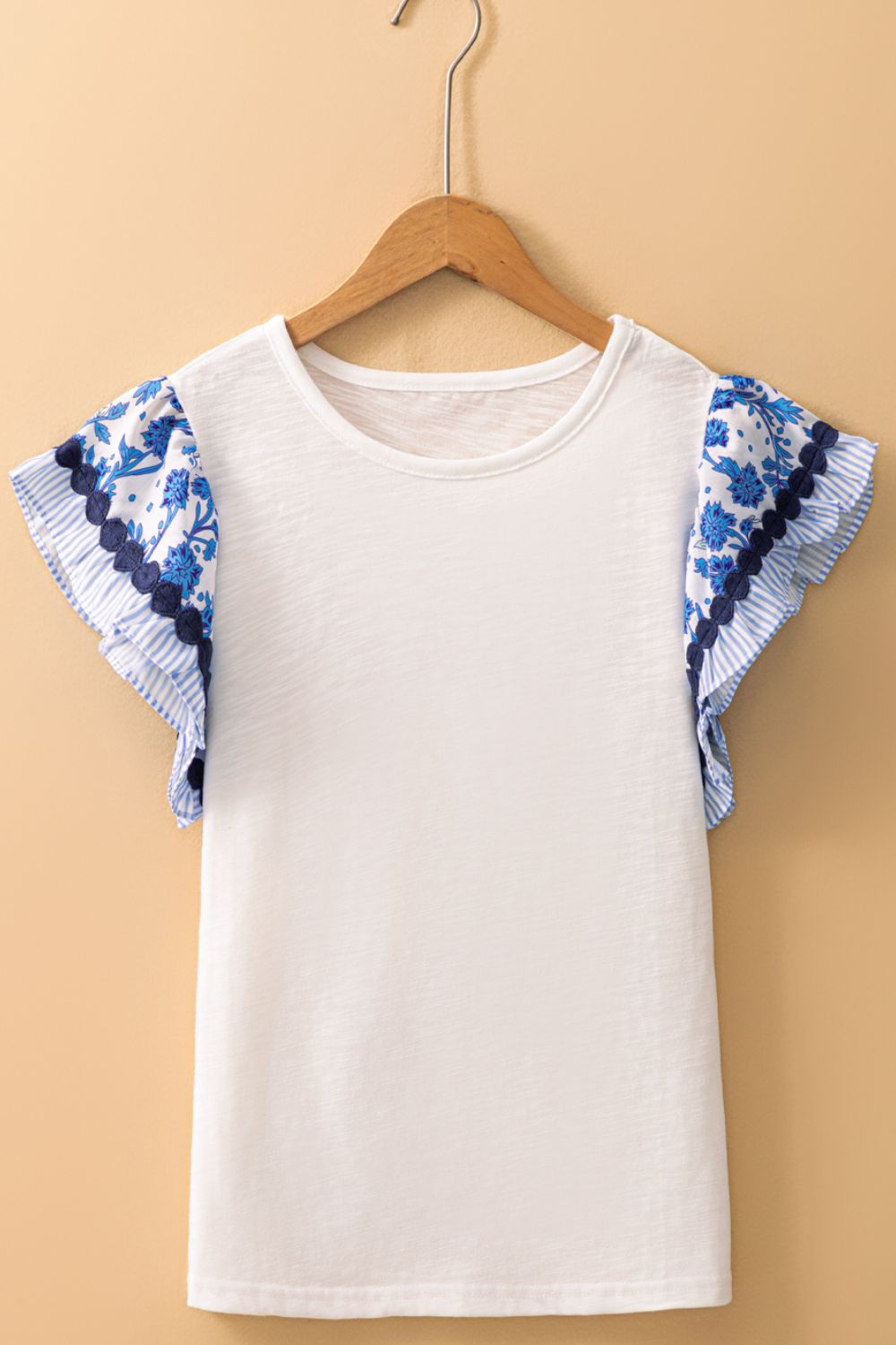 Round Neck Printed Ruffled Cap Sleeve Blouse - Smart Shopper