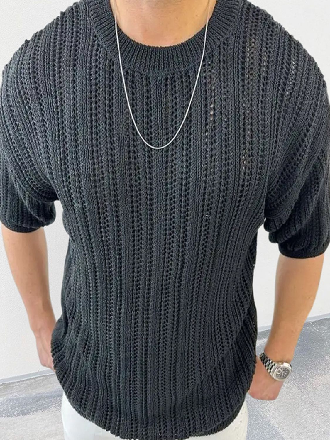 Men's Openwork Round Neck Knit T-Shirt - Smart Shopper