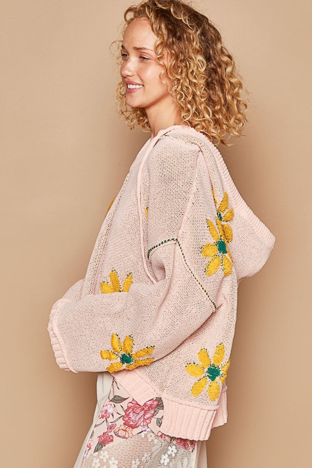 POL Floral Pattern Hooded High-Low Sweater - Smart Shopper