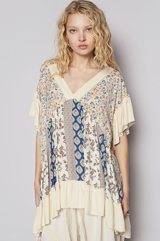 POL Ruffled Hem Printed V-Neck Short Sleeve Blouse - Smart Shopper