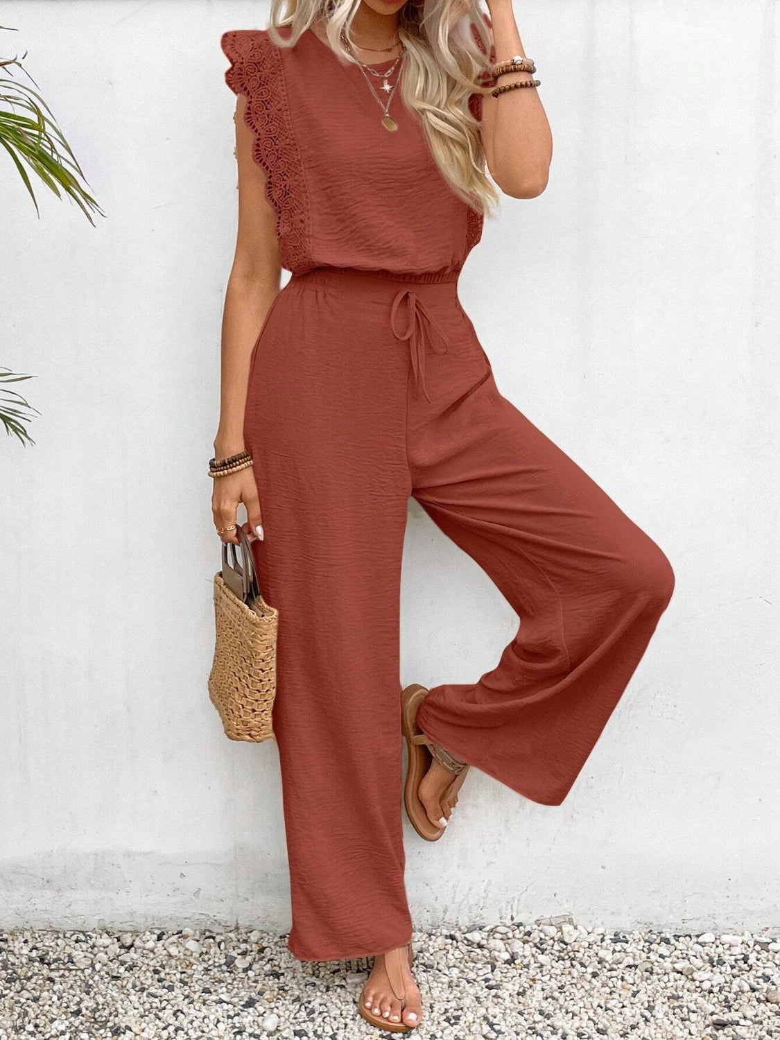 Lace Trim Round Neck Top and Pants Set - Smart Shopper