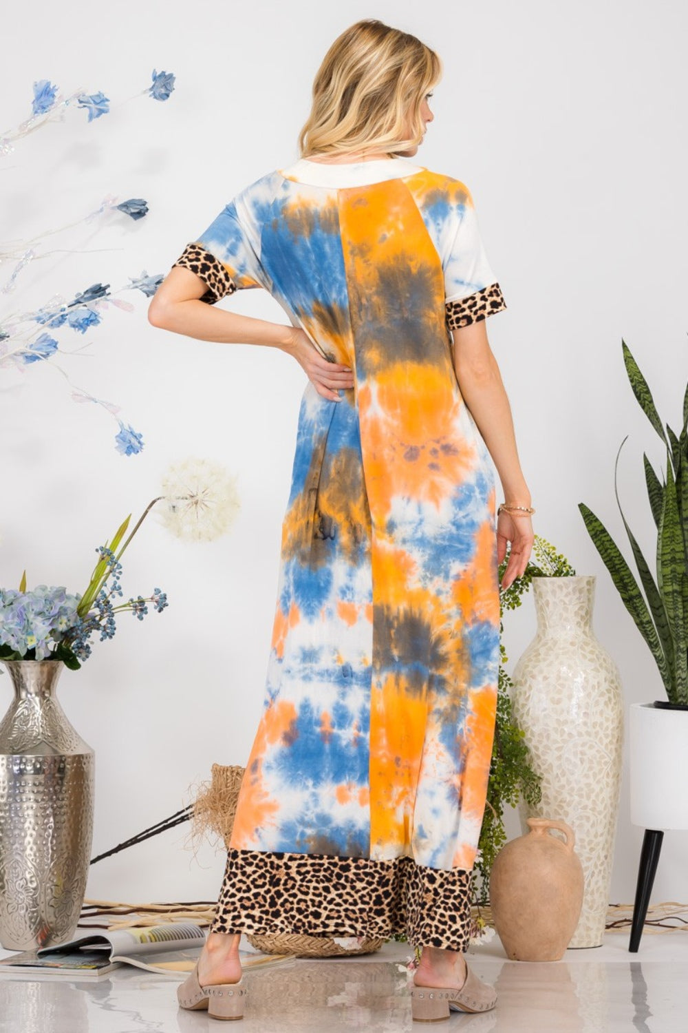 Celeste Full Size Leopard Tie-Dye Button Detail Short Sleeve Maxi Dress Plus Size - Smart Shopper