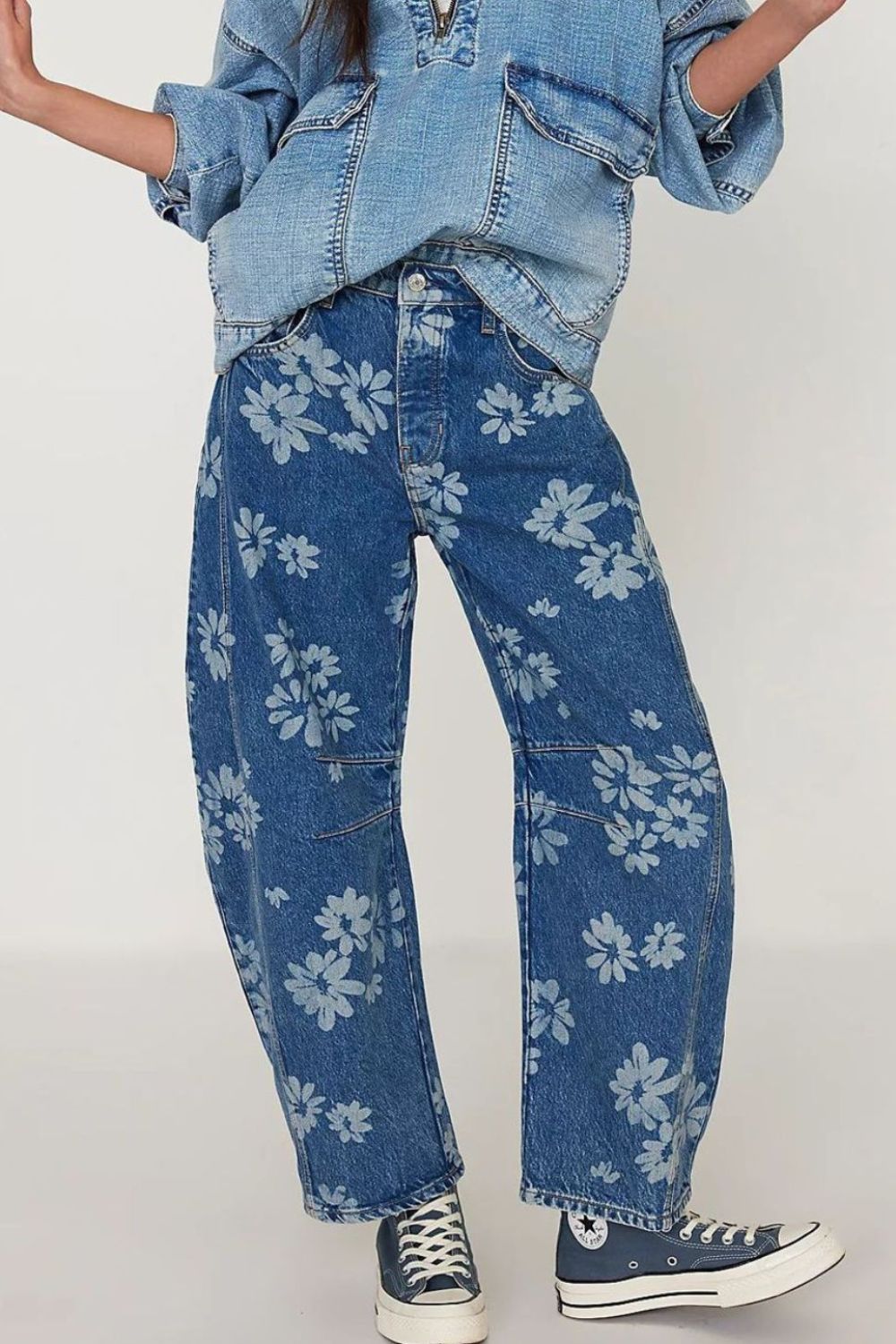 Flower Print Wide Leg Jeans - Smart Shopper