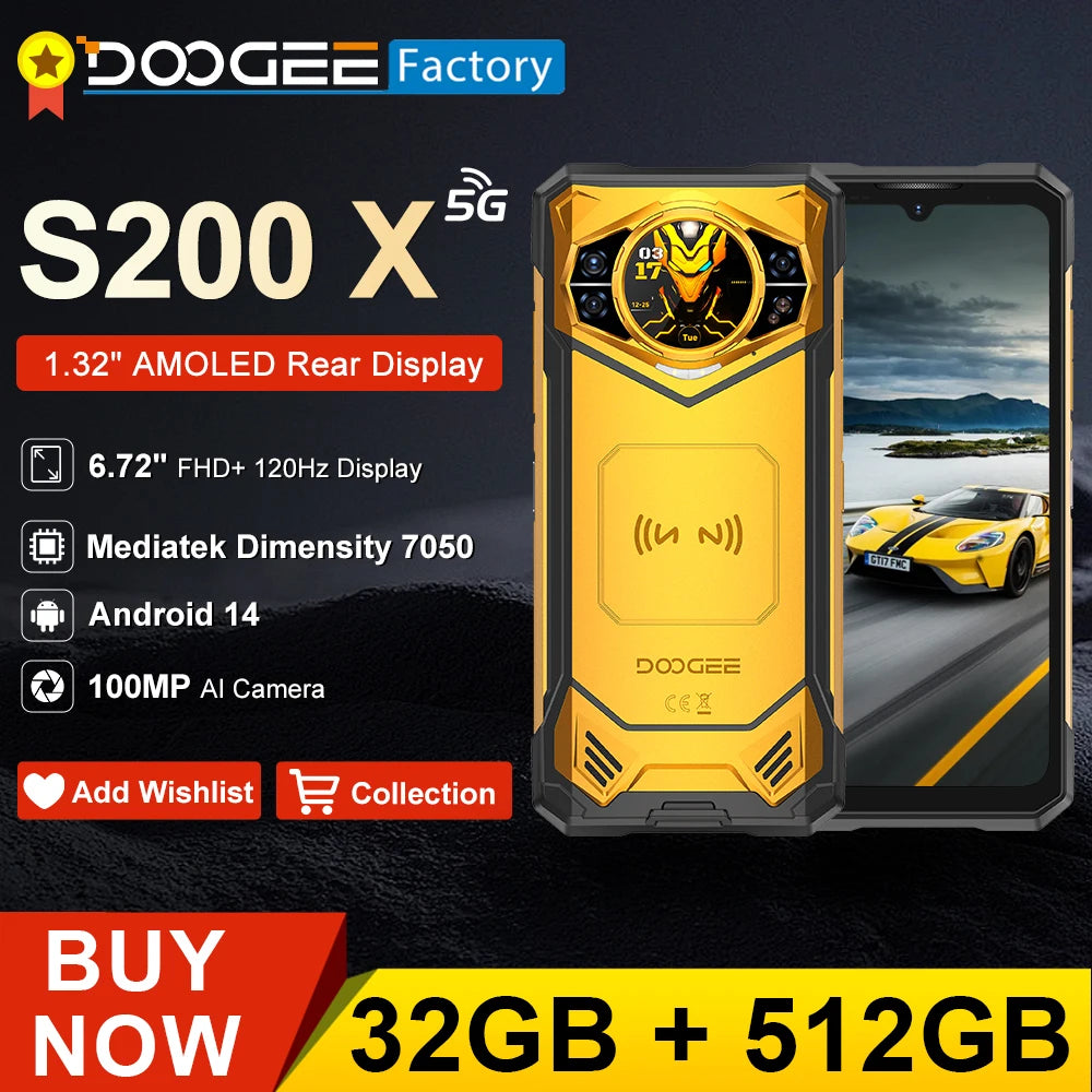 DOOGEE S200 X 5G Smartphone 32GB(12+20) 512GB Rugged Mobile Phone MTK 7050 10100mAh 33W 100MP 6.72” FHD+120Hz IPS screen