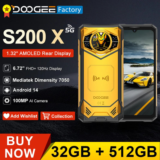 DOOGEE S200 X 5G Smartphone 32GB(12+20) 512GB Rugged Mobile Phone MTK 7050 10100mAh 33W 100MP 6.72” FHD+120Hz IPS screen