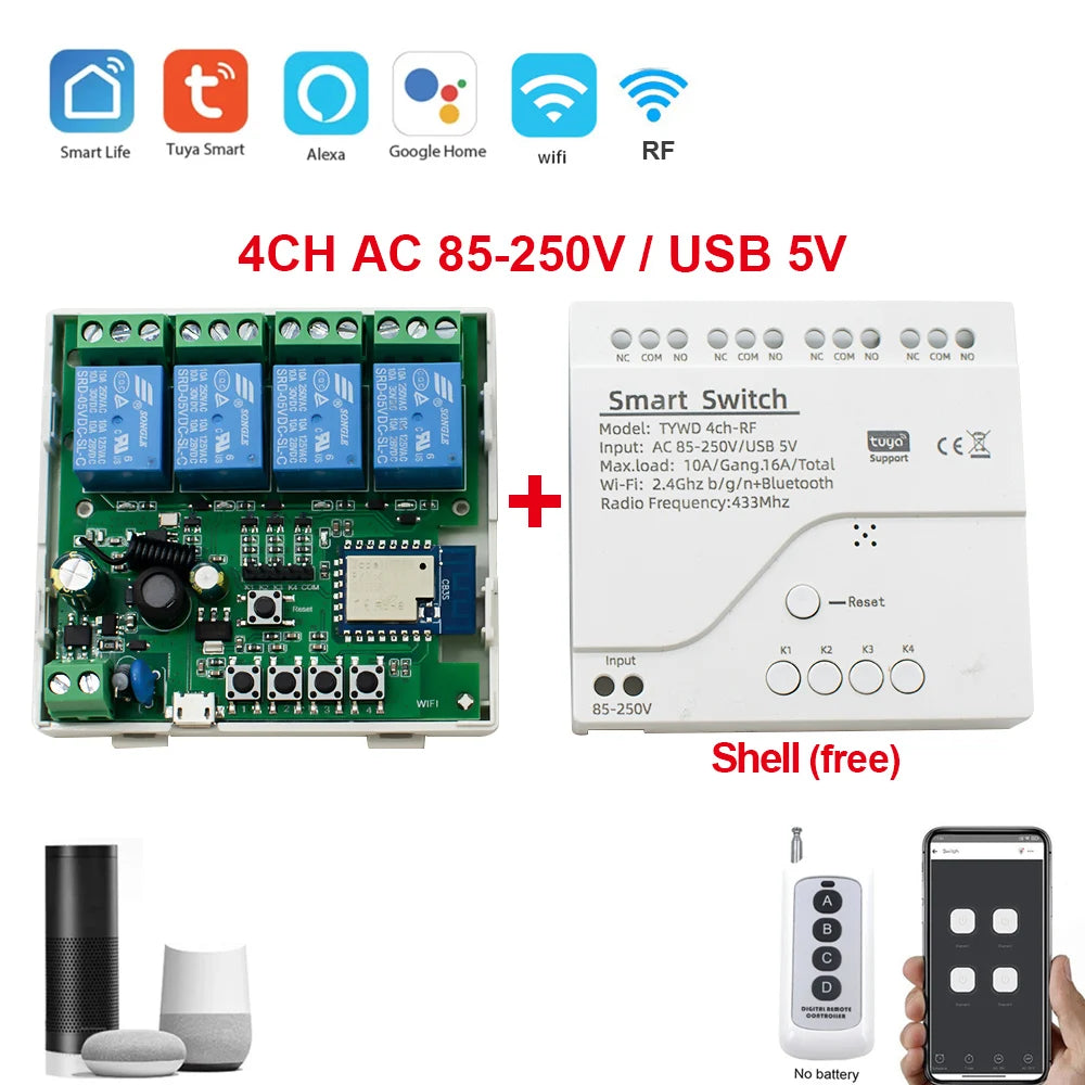 4CH Tuya Smart Life Wireless Wifi Switch Module WI FI APP Remote Control DC 12V 24V AC 220V RF Receiver 10A Smart Relay Alexa