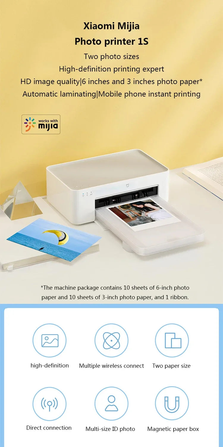 Xiaomi Mijia Mi Photo Printer 6-inch High-Definition Auto Film Multi-size ID Photos Smart Printer Wireless Phone Photo Printer