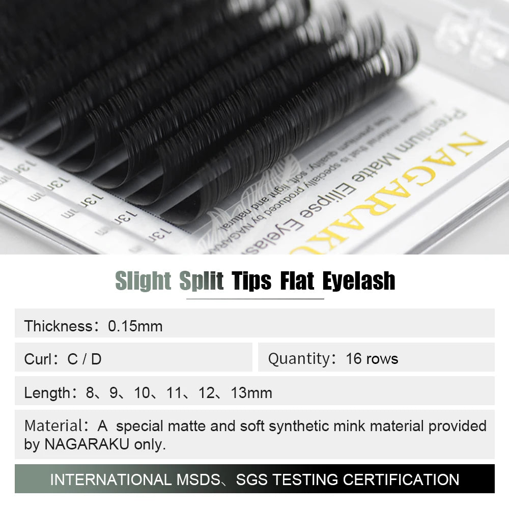 NAGARAKU 16 Rows Flat Ellipse Eyelashes Extensions 0.20 Matte Black Split Tips False Eyelashes Natural Light Soft Makeup Tools