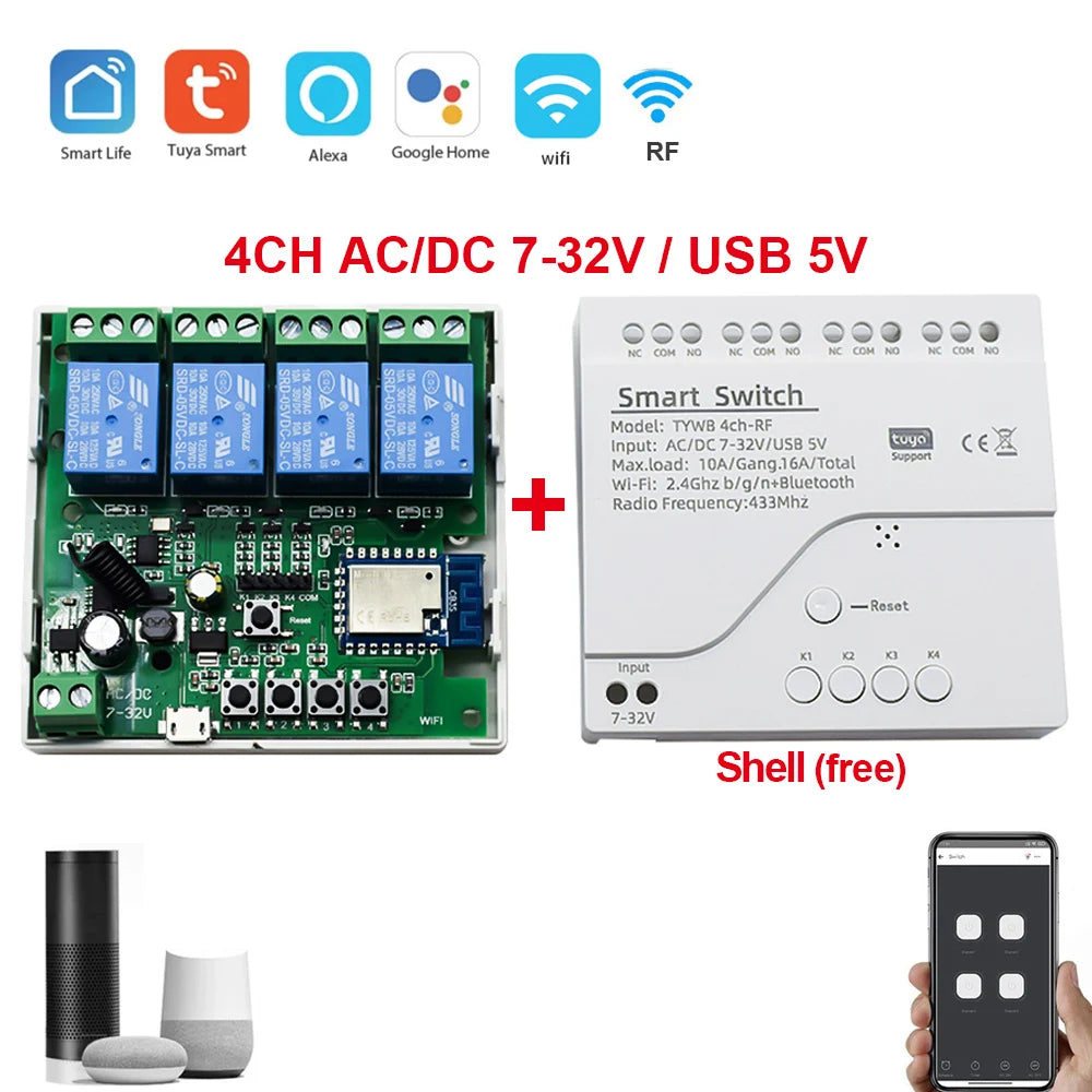 4CH Tuya Smart Life Wireless Wifi Switch Module WI FI APP Remote Control DC 12V 24V AC 220V RF Receiver 10A Smart Relay Alexa