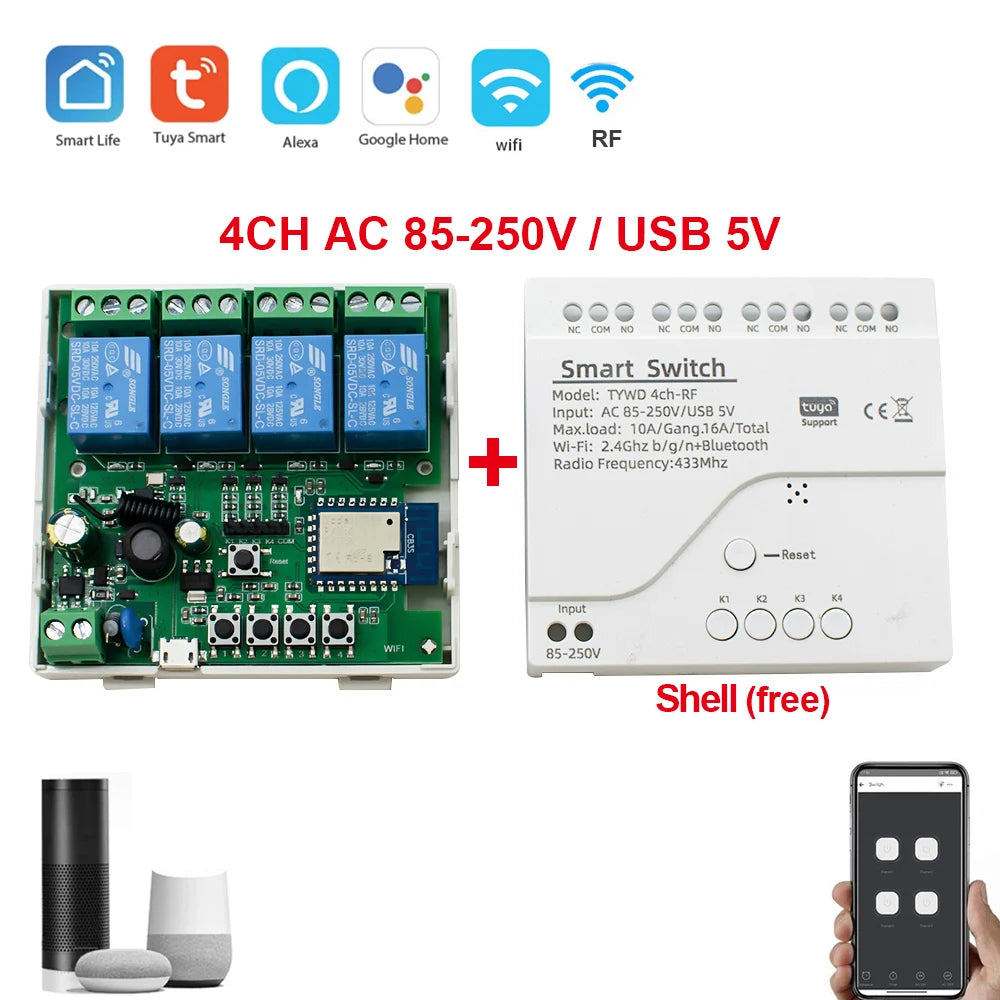 4CH Tuya Smart Life Wireless Wifi Switch Module WI FI APP Remote Control DC 12V 24V AC 220V RF Receiver 10A Smart Relay Alexa