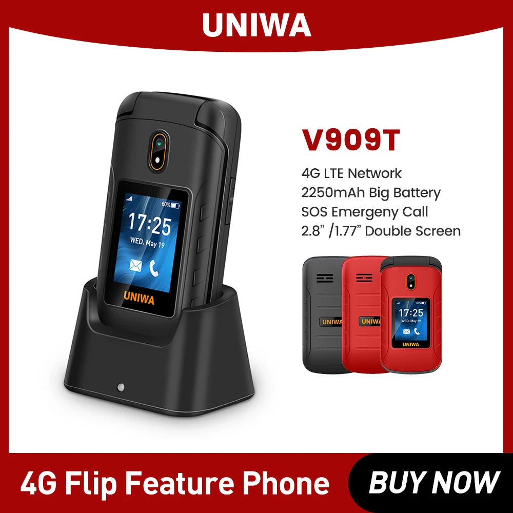 UNIWA V909T Flip Phone 4G Dual Screen Single Nano Cellphone Big Push-Button Mobile Phone for Elderly 2250mAh Russian Keyboard