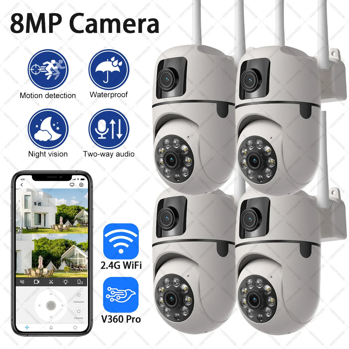 2.4G 8MP Wifi Camera Indoor 360 PTZ HD Pet Baby Monitor IR Night Vision Ai Detect P2P Surveillance IP Cameras safety protection