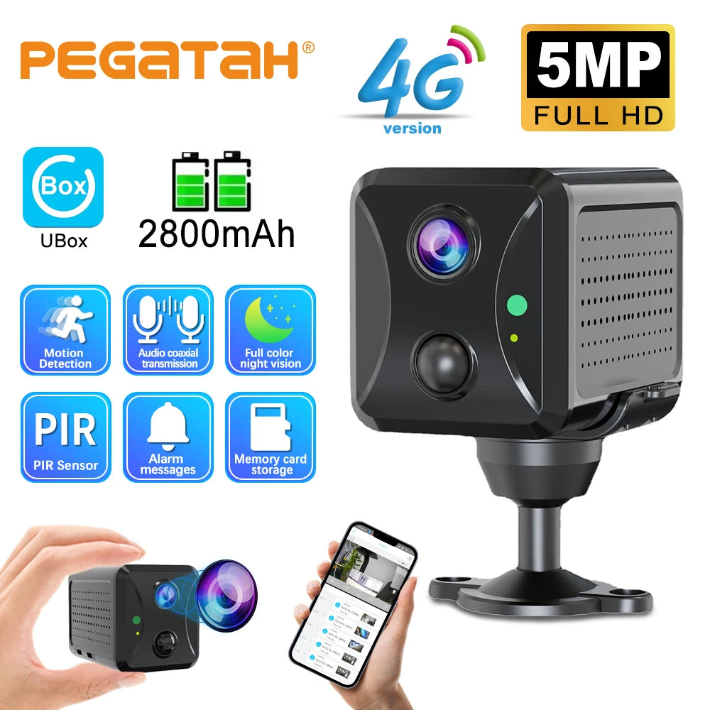 PEGATAH Mini 4G Security Camera SIM Card or 5MP Wifi IP Cam 2400mAh Low Power Voice Intercom CCTV Surveilance Camera Ubox App