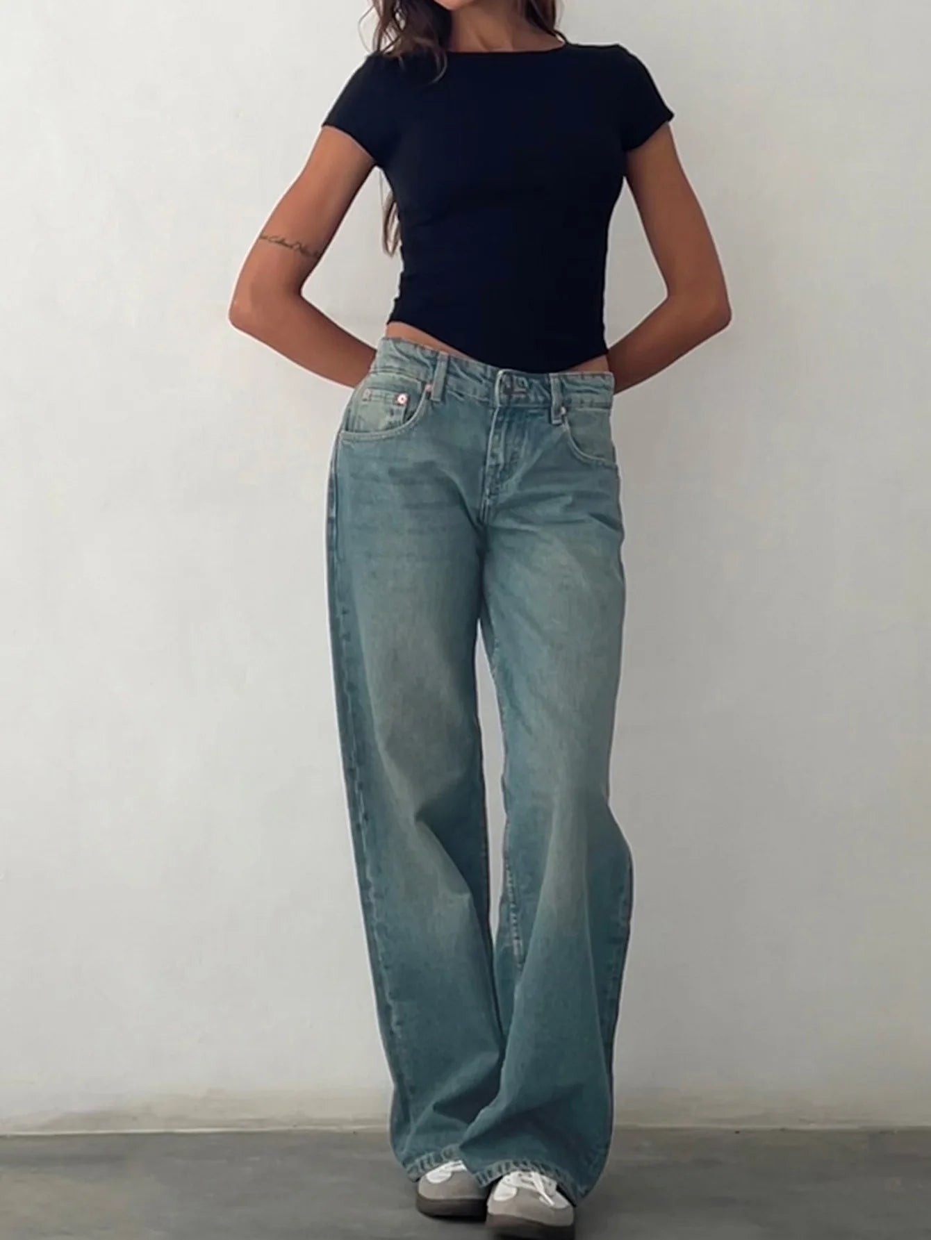 Jeans Women Denim Wide Leg Pant Floor Length Pants Splice Loose Casual Pockets High Waist Straight Trousers Autumn Winter