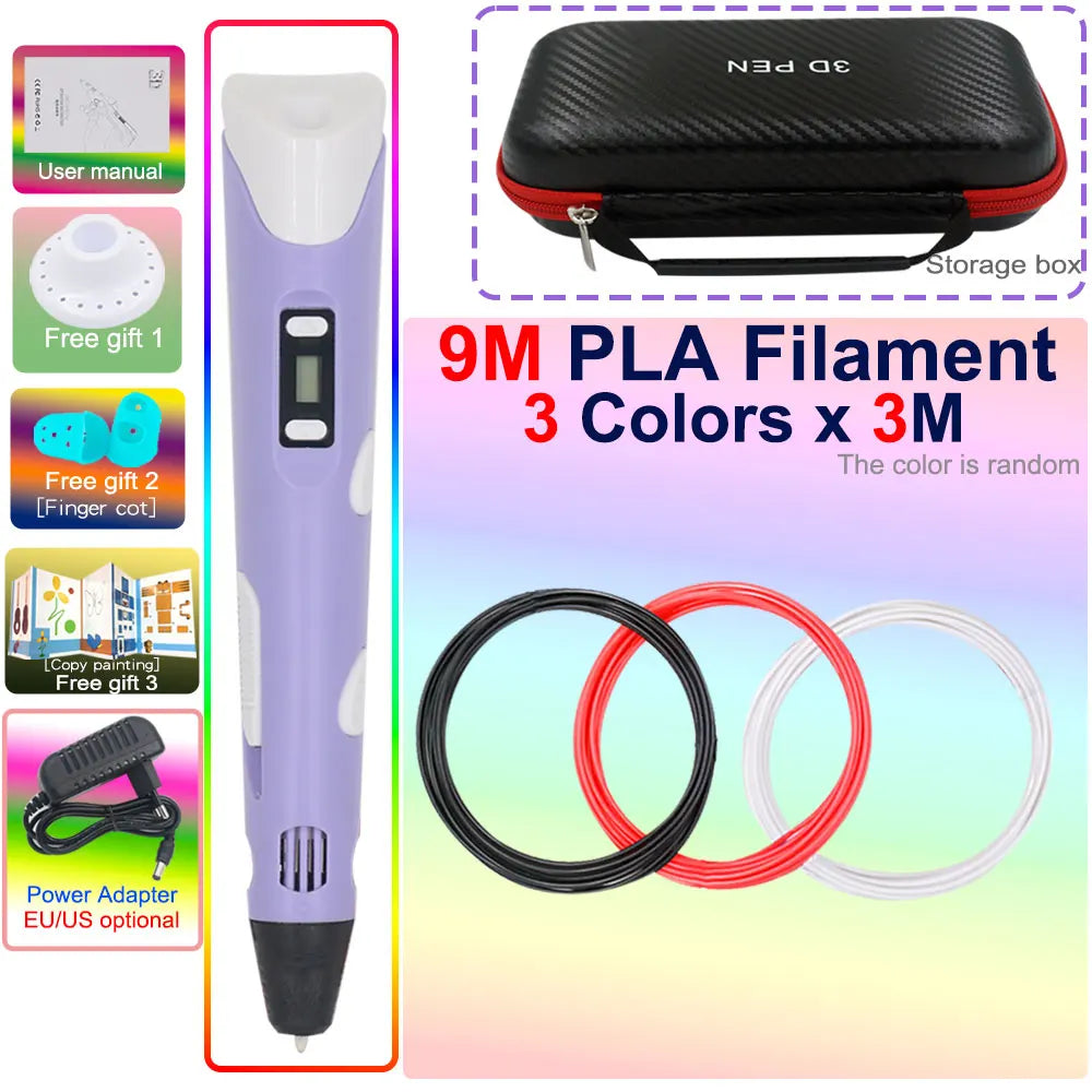 Novel Creative Children's 3D Printing Pen with LCD Display PLA Filament Power Adapter Travel Box Kids Christmas Birthday Gift