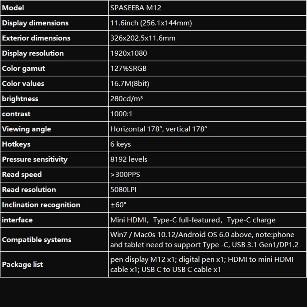 SPASEEBA M12 Graphics Drawing Tablet Monitor, 11.6" IPS LCD Digital Pen Tablet Display 8192 Level Support Windows Mac Android OS