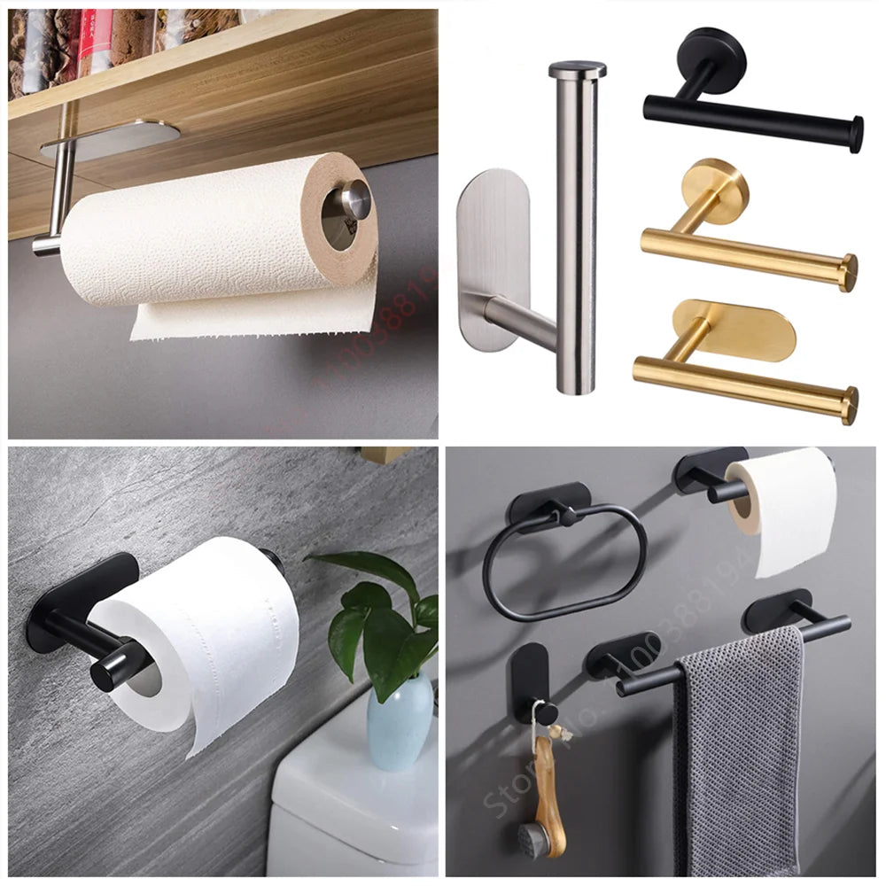 Adhesive Hanging Paper Roll Towel Holder Bathroom Toilet Storage Stand Kitchen Organizer Napkin Rack Stainless Steel Wall Mount