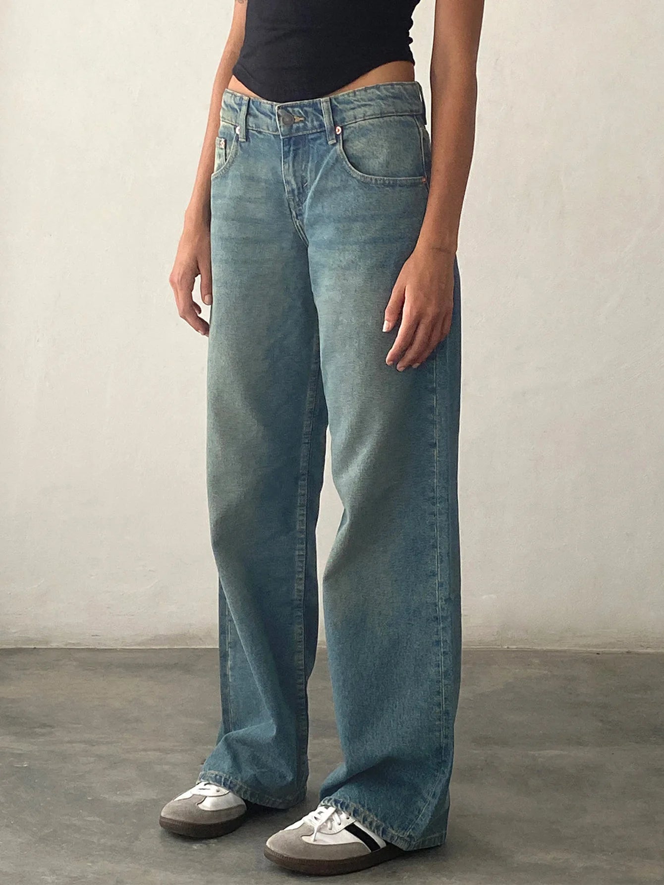 Jeans Women Denim Wide Leg Pant Floor Length Pants Splice Loose Casual Pockets High Waist Straight Trousers Autumn Winter