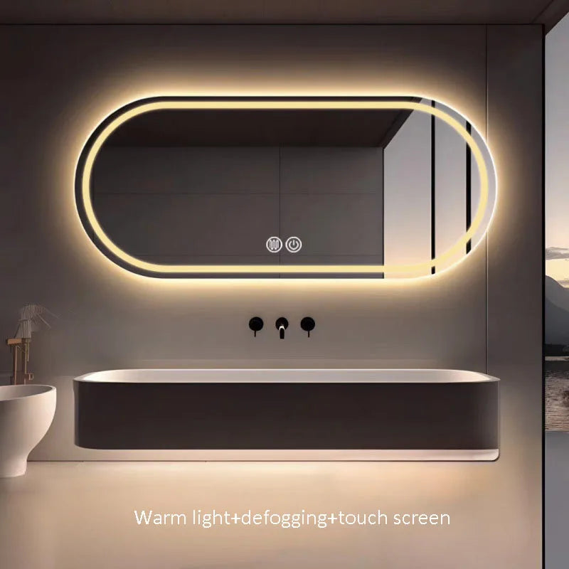 "Elliptical LED Bathroom Mirror | Anti-Fog, Wall-Mounted, 3-Color Lighting | Perfect for Hotels & Restrooms"