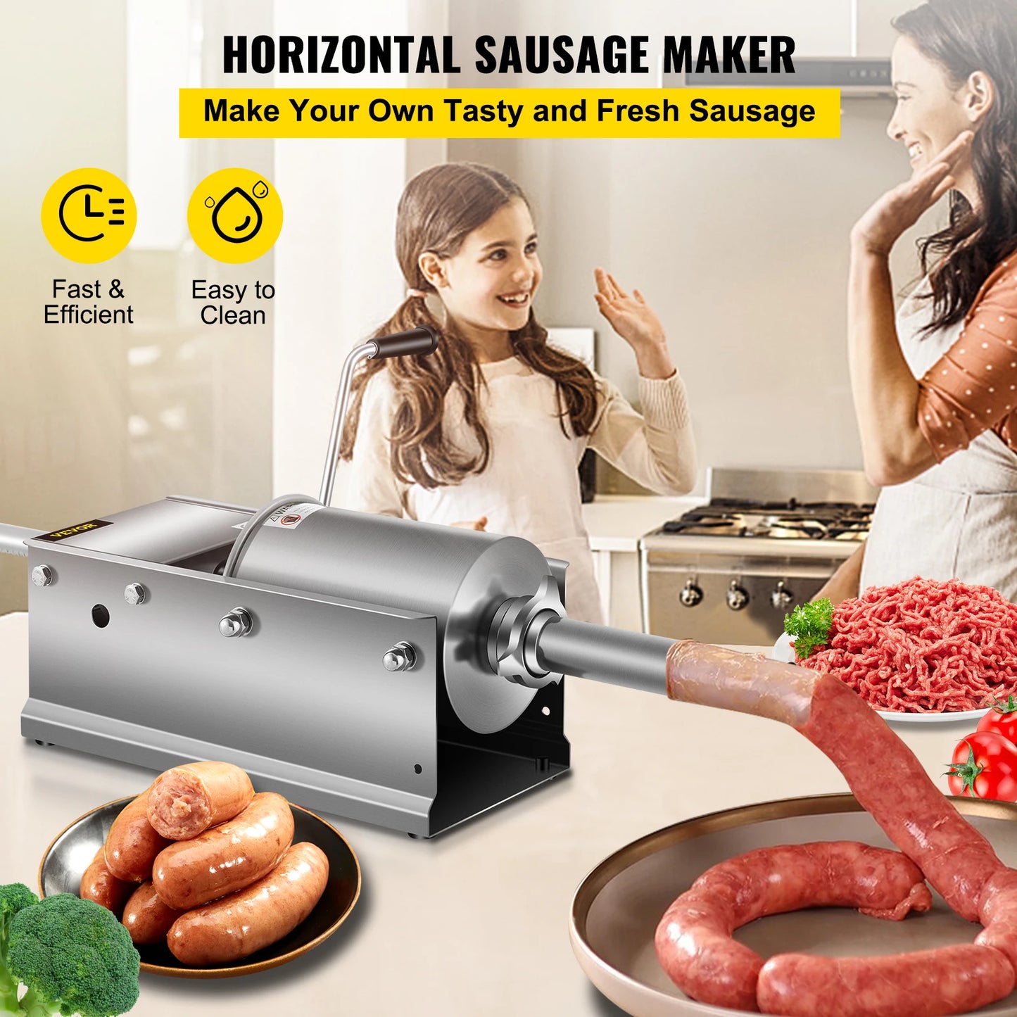 VEVOR 3L/ 7Lbs Horizontal Sausage Stuffer Manual Sausage Maker Stainless Steel With 5 Filling Nozzles For Home & Commercial Use