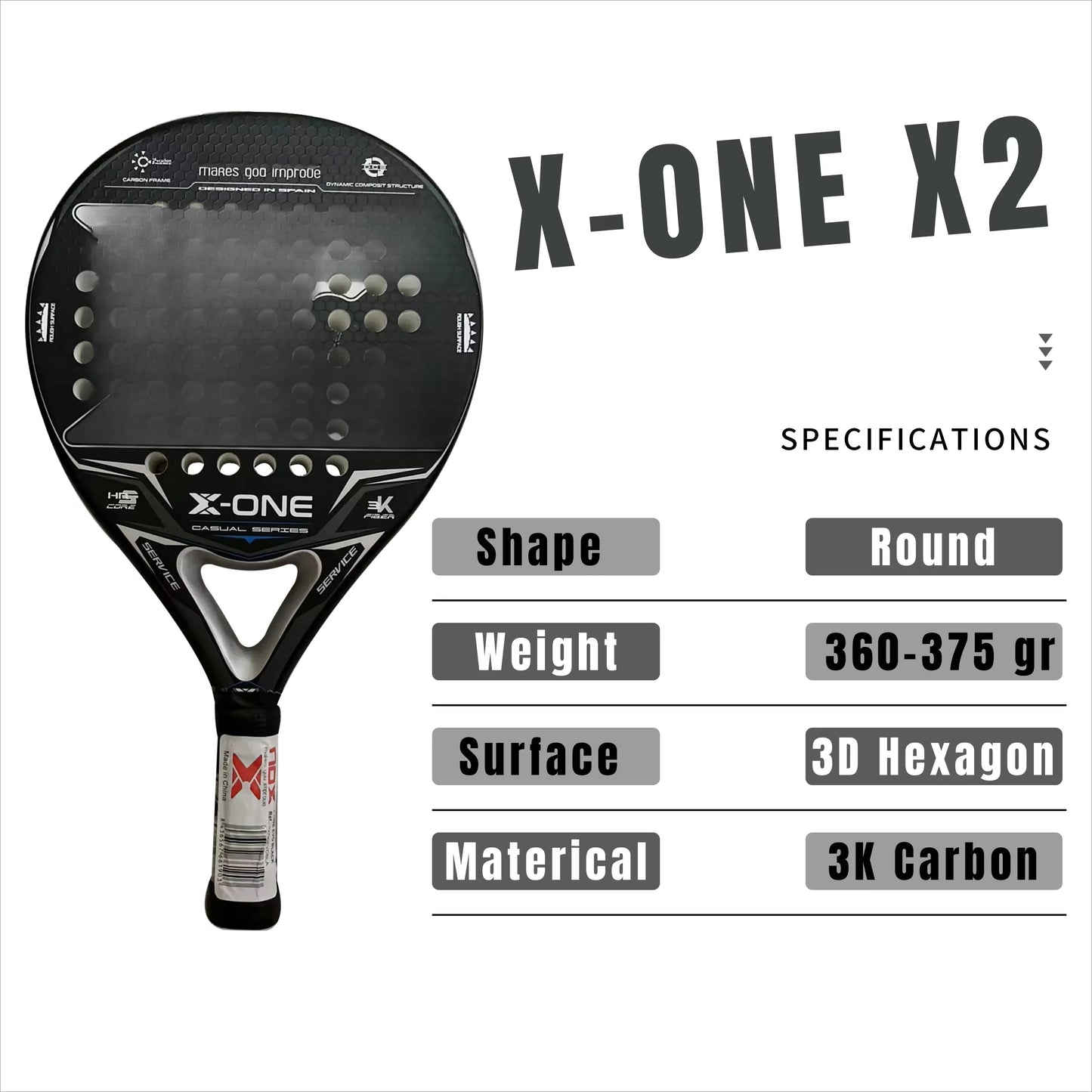 X-ONE-Carbon Fiber Paddle Raquete de tênis, núcleo redondo forma para iniciantes, raquete sem capa saco, 3K 12K 18K