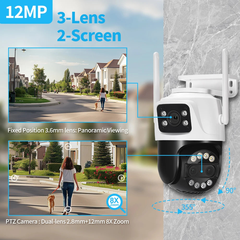 12MP 5K PTZ Wifi Camera 8X Zoom Dual Screen Ai Human Detect Auto Tracking CCTV Outdoor Surveillance Camera home iCSee